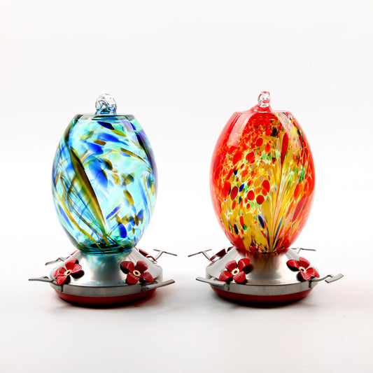 Artisan Glass Hummingbird Station - Hand-Painted Dual-Function Feeder & Waterer