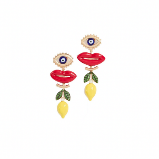 Drip Glaze Enamel Lemon Lipstick Earrings with Evil Eye Motif – Unique Statement Jewelry