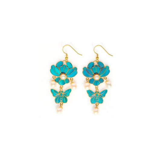 Classic Butterfly Love Flower Cloisonné Earrings – Timeless Gold-Plated Elegance