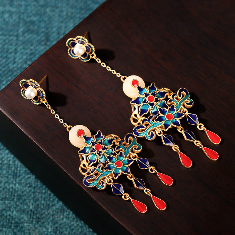 Enamel Tassel Earrings – Blossom & Jade-Inspired Elegance