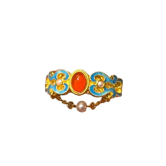 Imperial Phoenix Cloisonné Ring – Adjustable Elegance with Lab-Created Gemstone