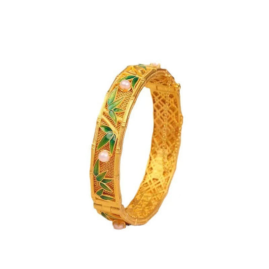 Imperial Cloisonné Bamboo Leaf Bracelet – Gold-Plated Elegance