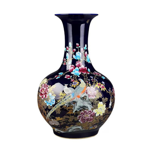 Imperial Blue Jingdezhen Peacock & Peony Enamel Vase – Handcrafted Chinese Porcelain Masterpiece