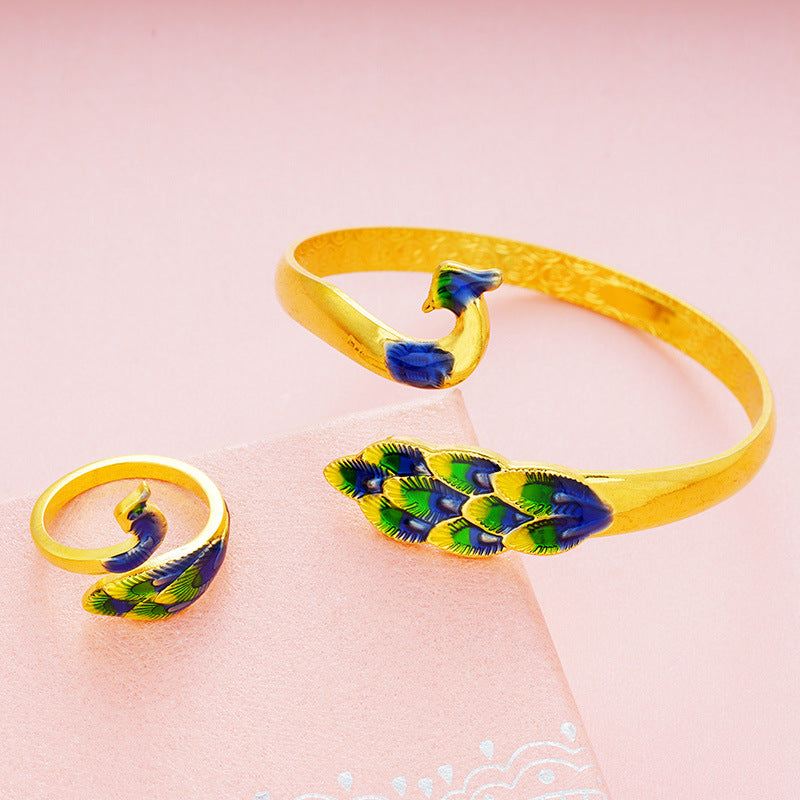 "Peacock Majesty" Vietnamese Gold-Plated Cloisonné Set – Brass Cuff Bracelet & Ring