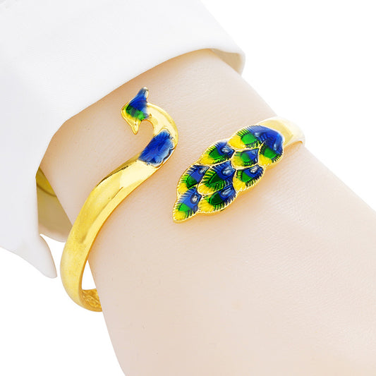 "Peacock Majesty" Vietnamese Gold-Plated Cloisonné Set – Brass Cuff Bracelet & Ring