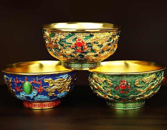 Cloisonné Gold-Toned Alloy Collectible Bowl – Handcrafted Floral & Dragon Motif