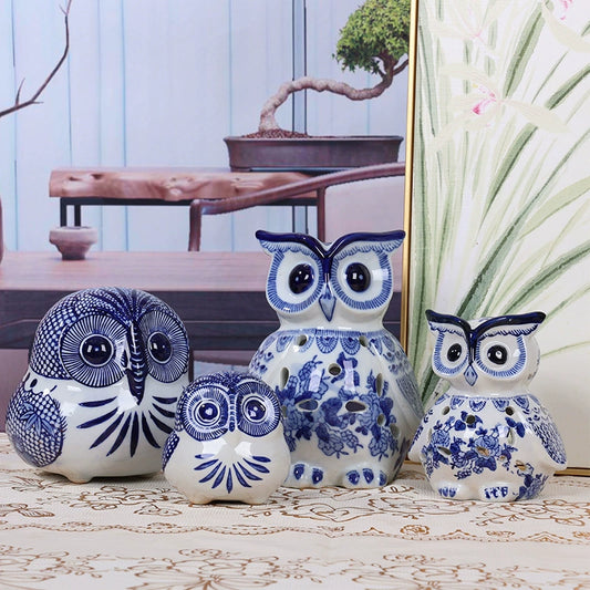 Jingdezhen Blue & White Owl Incense Burners – Collectible Porcelain Animal Sculptures for Home Decor