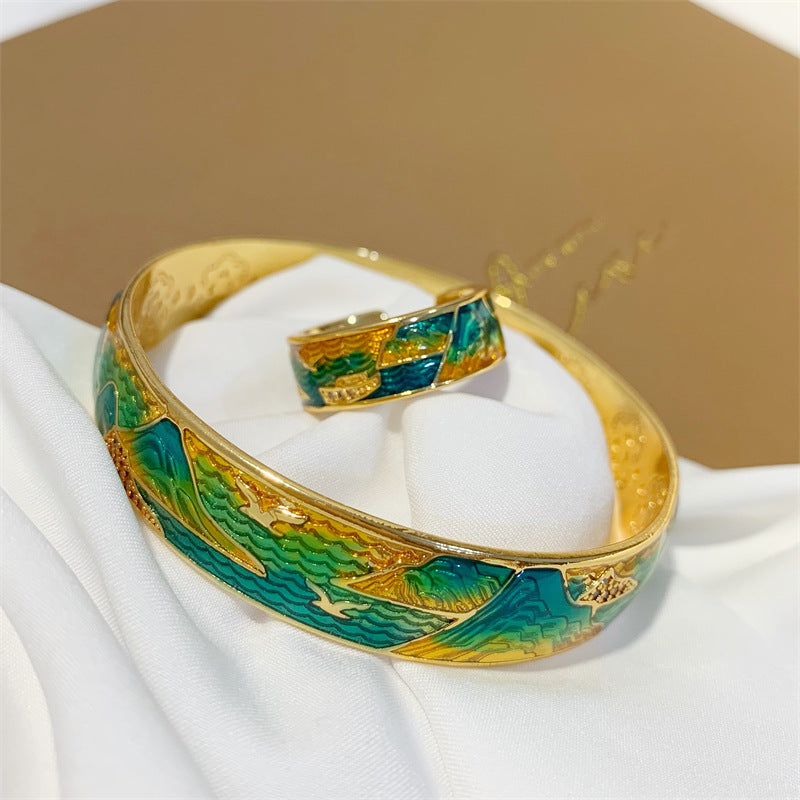 "River of Stars" Cloisonné Bangle Ring – Chinese Landscape Art Jewelry