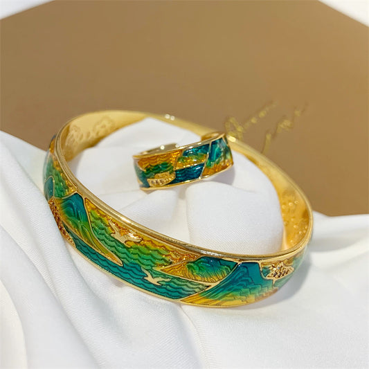 "River of Stars" Cloisonné Bangle Ring – Chinese Landscape Art Jewelry
