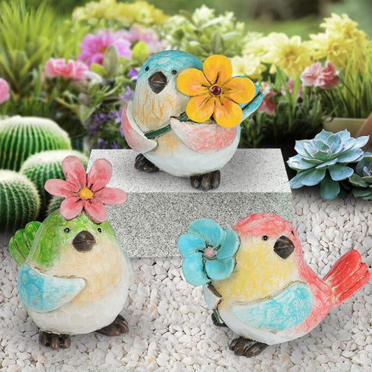 Cheerful Garden Bird Figurines – Hand-Painted Resin Flower-Holding Birds Decor