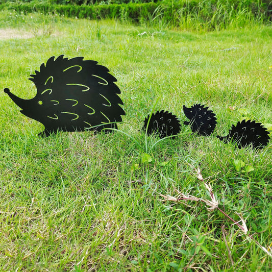 Hedgehog Silhouette Garden Stakes - Whimsical Metal Lawn Art (Set of 4 Sizes)