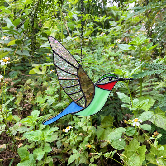 Enchanted Hummingbird Window Art - 7" Stained Glass Garden Ornament (0.44 lbs)