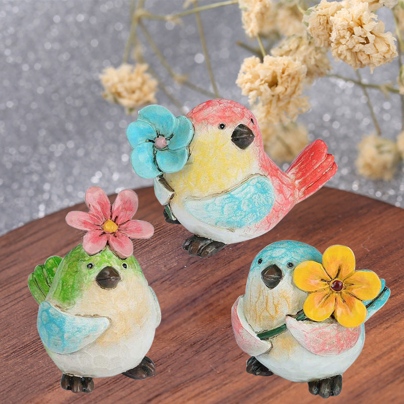 Cheerful Garden Bird Figurines – Hand-Painted Resin Flower-Holding Birds Decor