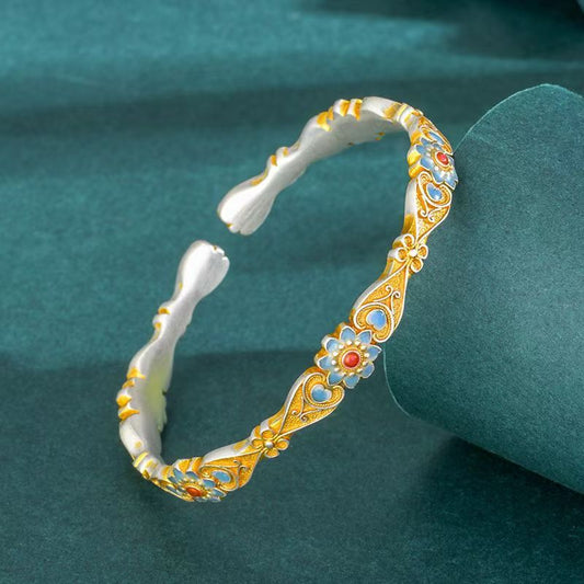 "Blue Serenade" Pure 9999 Silver Cloisonné Bangle – Handcrafted Gold-Accented Art Piece