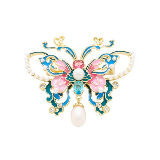 Enchanted Cloisonné Butterfly Brooch – Lab-Created Gemstone & Pearl Elegance