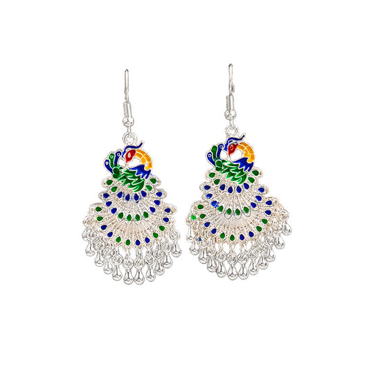 Cloisonné Enamel Peacock Tassel Earrings – Miao Ethnic Silver Phoenix Bell Drops