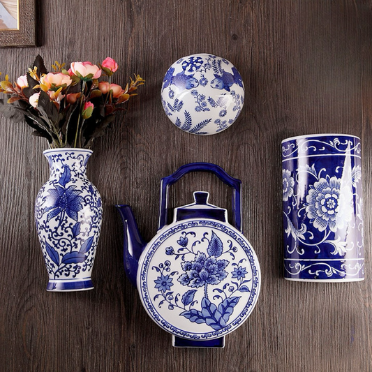 Imperial Porcelain Wall Art - Jingdezhen Blue & White Floral Teapot Wall Vase